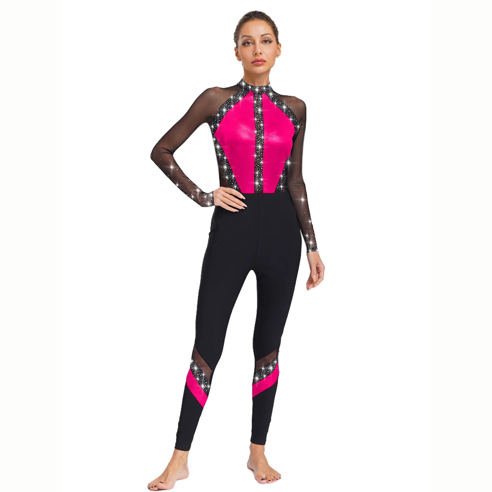 Women Gymnastics Acrobatics Dance Jumpsuit Sparkling Rhinestones Full Body Leotard Sheer Mesh Long Sleeve Sport Workout Bodysuit