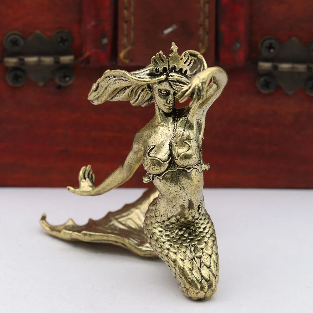 Solid Brass Mermaid Small Statue Retro Beauty Characters Miniatures Figurines Desktop Decorations Crafts Home Decors Ornaments