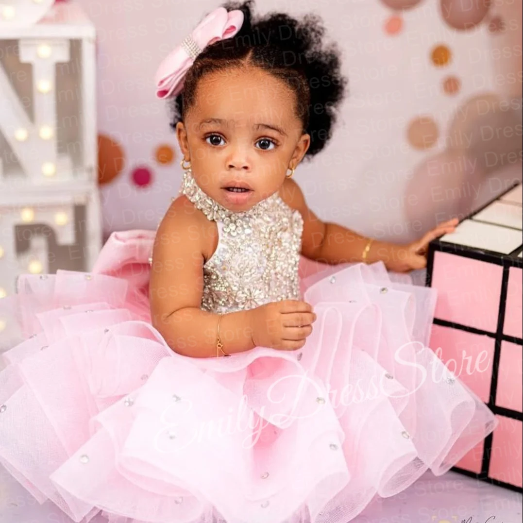 

Customized Pink Flower Girl Dress For Wedding Puffy Beaded Applique Knee Length Kids Birthday Party Baby First Communion Gown