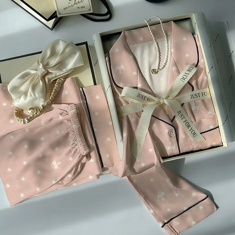 

Summer New Sweet Ice Silk Pajamas Women's Spring and Fall Long-Sleeved Senior Sense of Full of Stars Home Wear Suit Real Shot