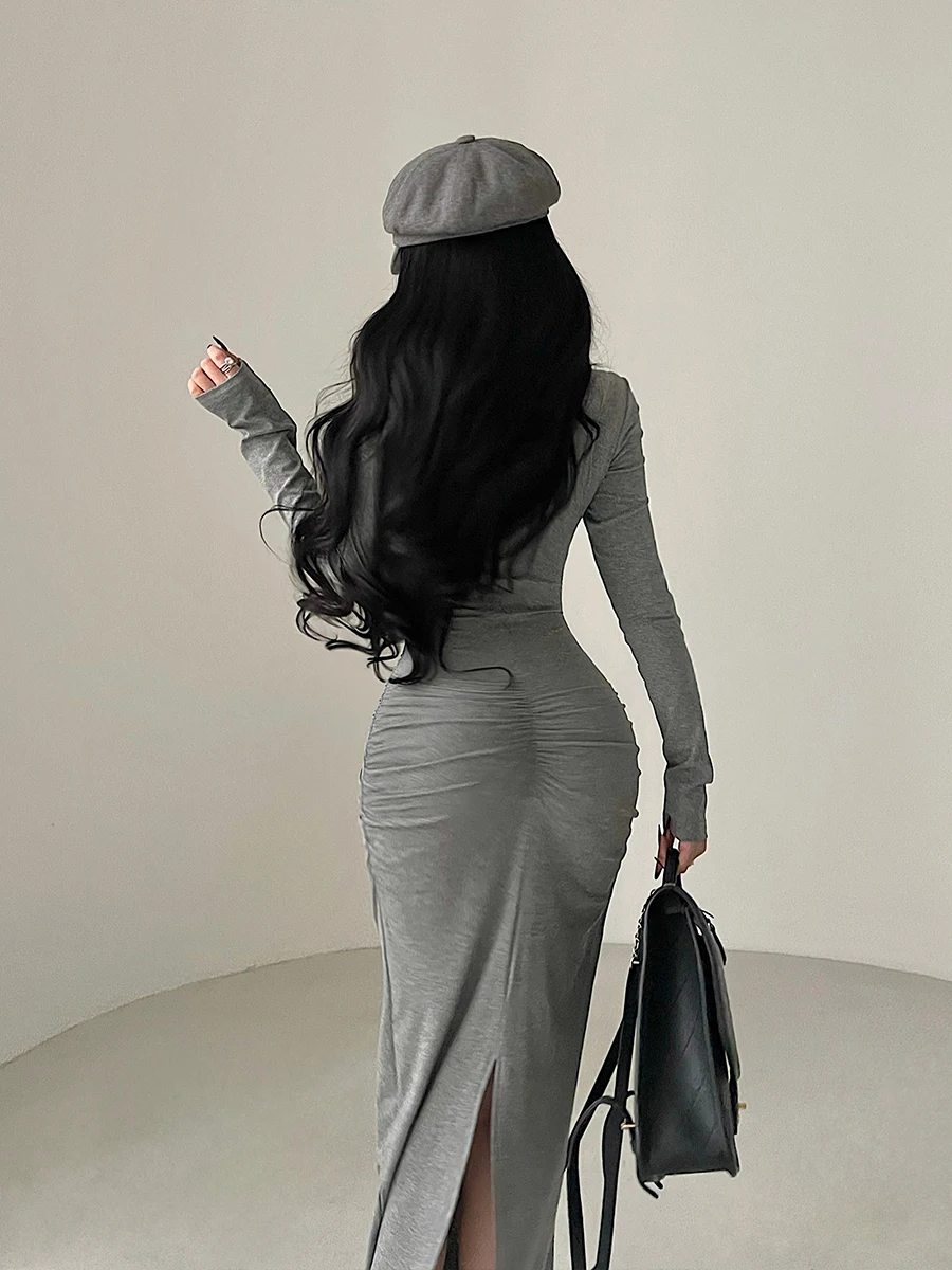 

Pure Desire Sexy Long Sve U-Ne Slimming Pleated Wrap Body Long Dr Autumn Winter Cotton Women's Single Piece Dr