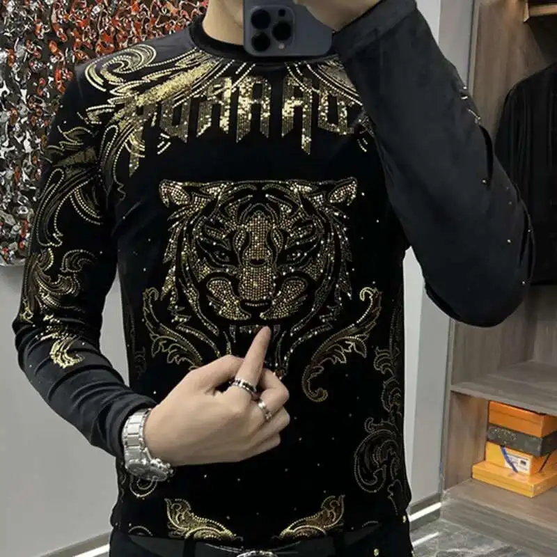 Casual O-Neck Tee Shirt Homme Diamond Print Men Long Sleeved T-shirt Luxury Streetwear Fashion Men Flower Tshirt Comfortable