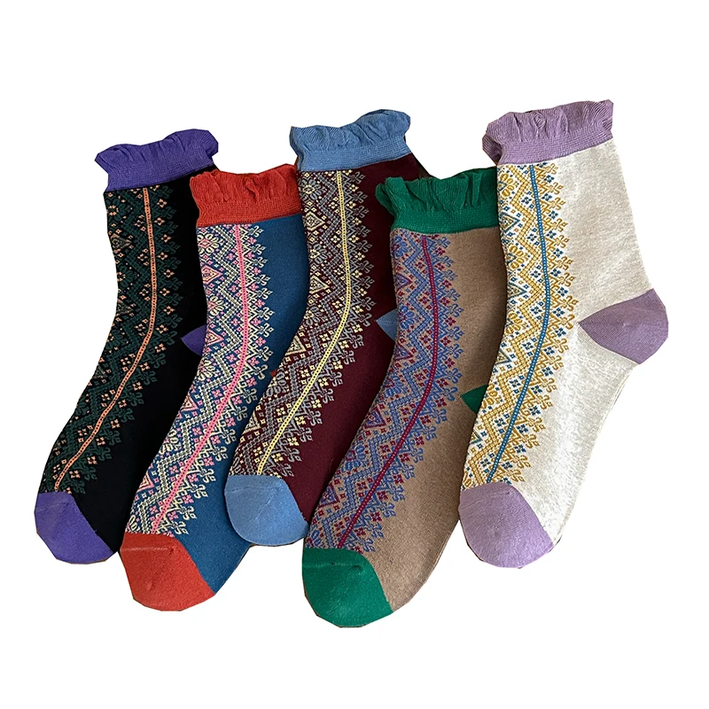 5 Pair Long Floor Socks Women Ethnic Style Fluffy Socks Autumn Winter Cotton Socks Female Fashion Kawaii Sokken Cute Foot Sets
