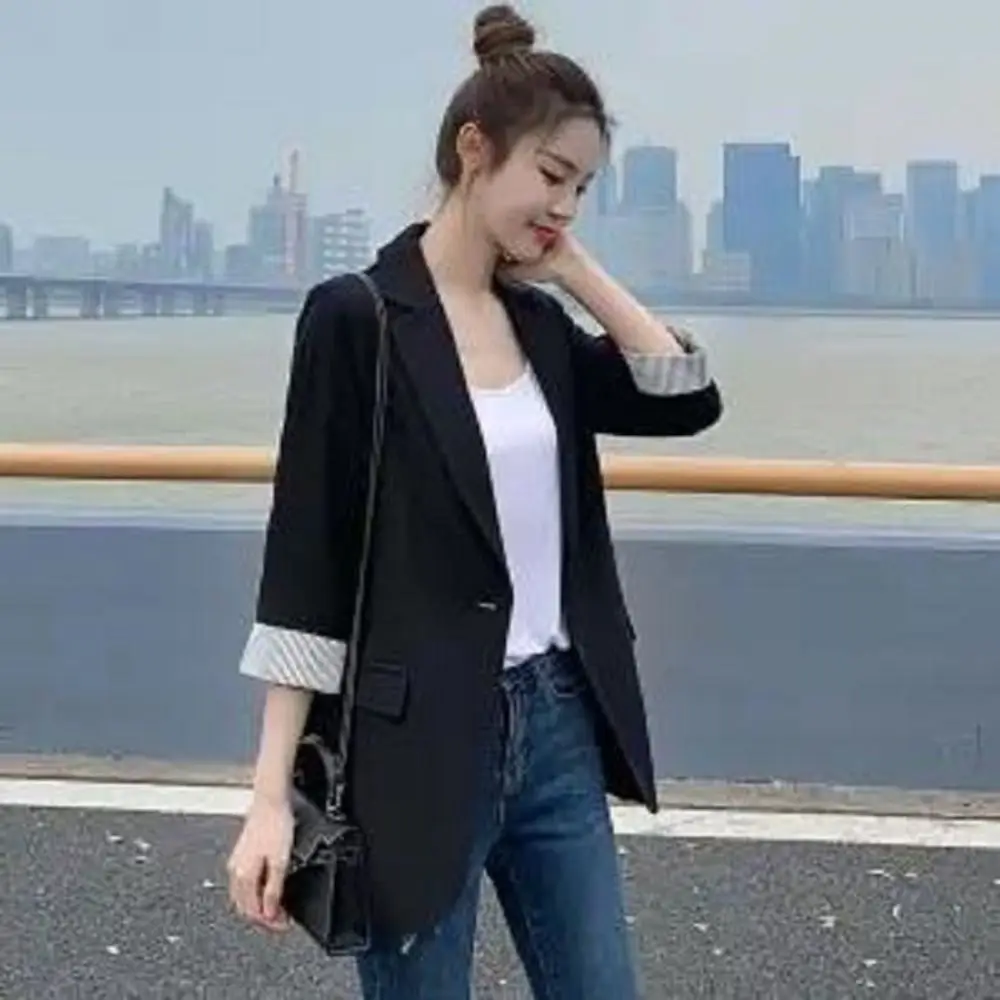 Eenvoudige Streep Elegant Jasje Losse Casual Pak Jas Vrouwen Lange Mouw Plus Size Professionele Kantoor Blazer Lente Herfst
