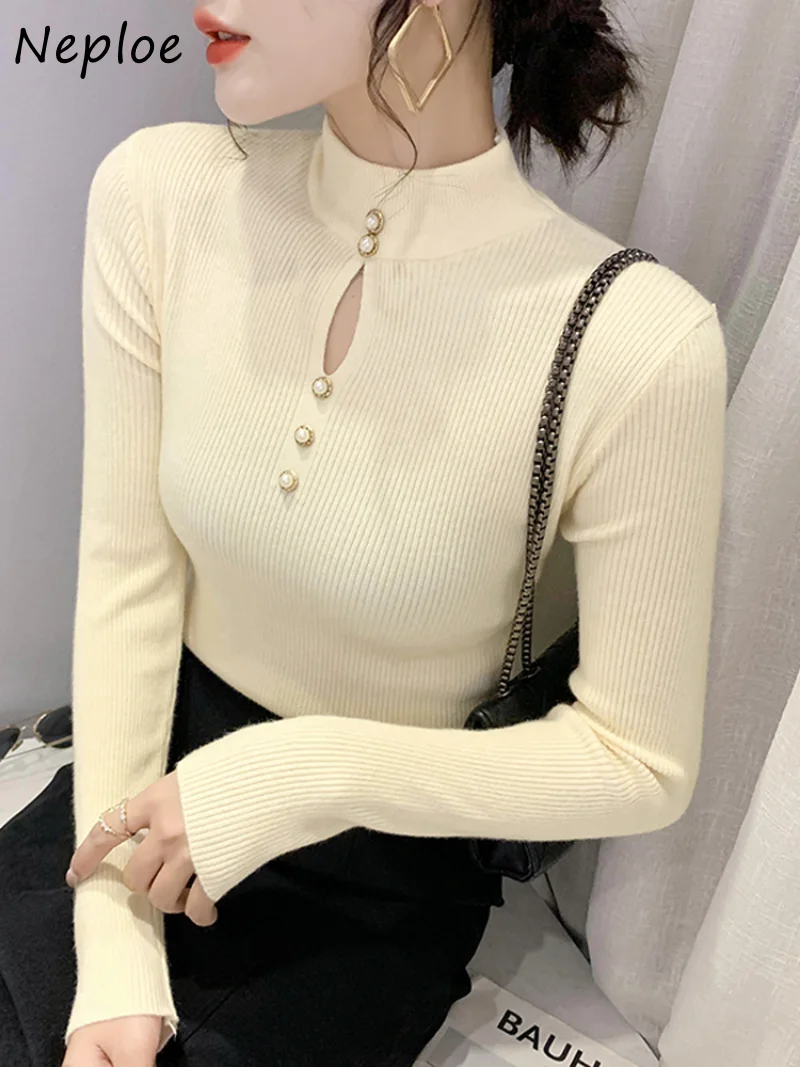 Neploe Stand Neck Hollow Out Chic Buttons Pull Femme Autumn Winter Jersey Mujer Sweater Y2k Solid Color Long Sleeve Sweaters