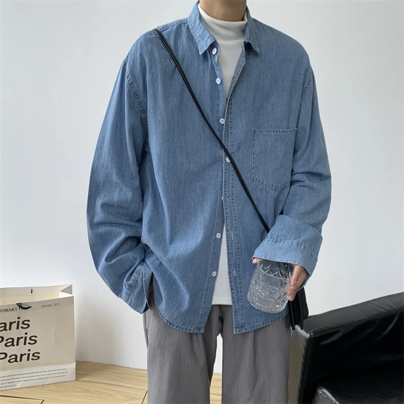 Long Sleeve Denim Shirt Men's Spring Autumn American Style Trendy Handsome Jacket Loose Fit Youth Popular Pure Color Shirt