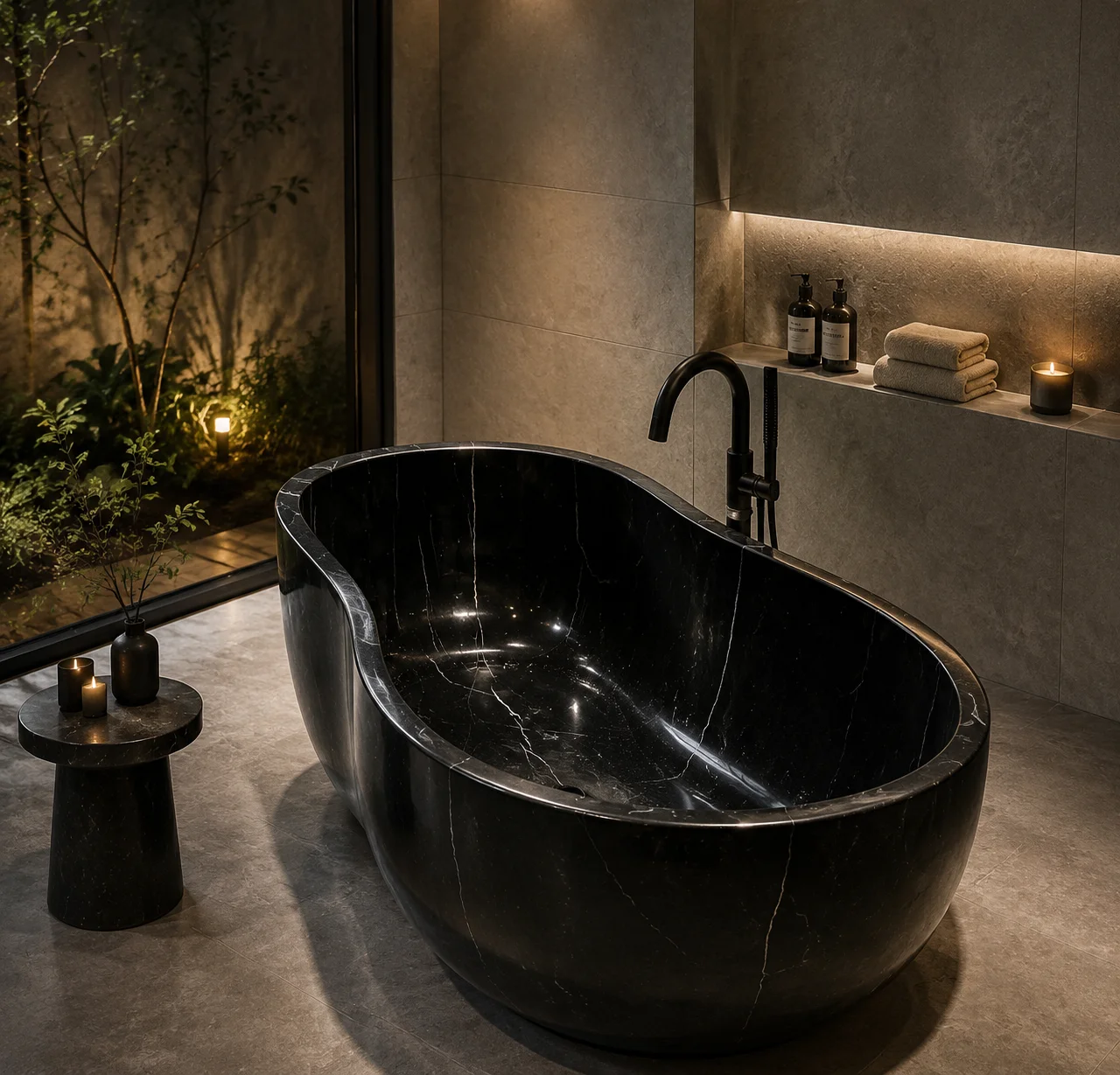 #￥Modern Nero Marquina Marble Soaped Stone Bathtub Freestanding 50 Inches Whirlpool Bathroom Shower for Resort Hotels Project