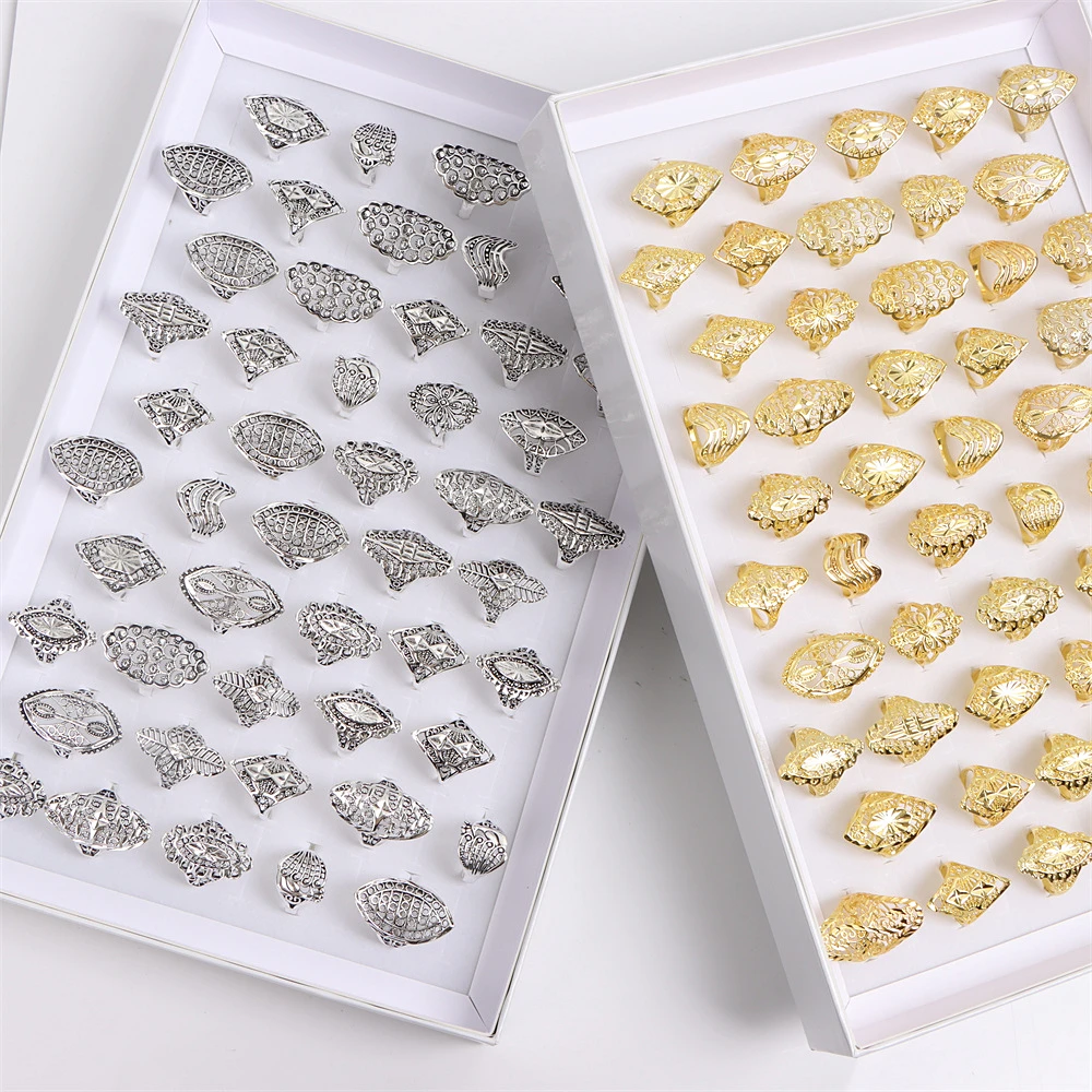 Wholesale 50pcs/Lots Vintage Mix Style Carved Flower Rings For Women Fashion Party Gift Jewelry