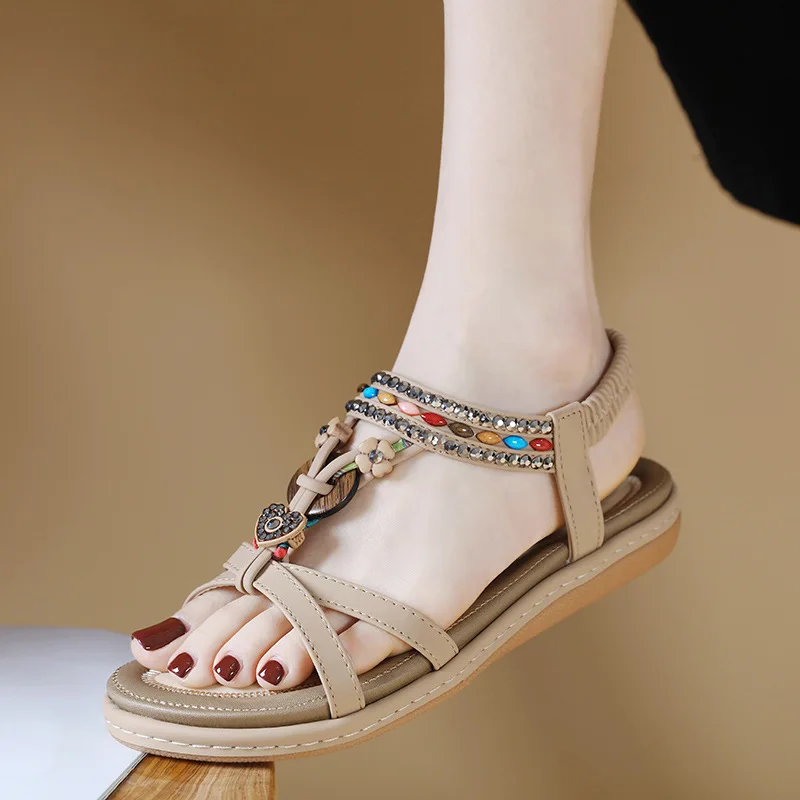 2024 Shoes for Women Plus Size 36-42 Summer PU Elastic Band Flat Toe Round Bohemia Beaded Comfortable Retro Wedges Beach Sandals