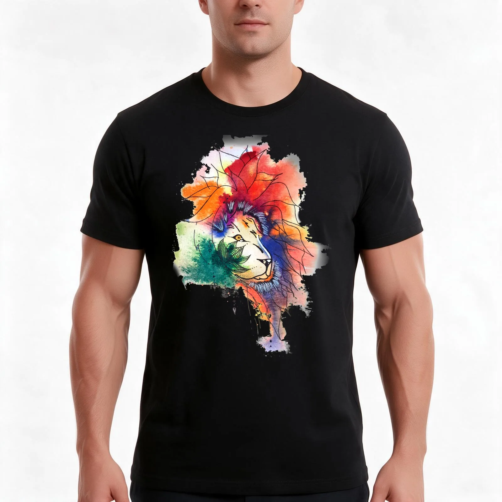 Lion Aquarelle Julie Formation T-Shirt, Summer Casual Cotton Tee, Oversized Streetwear Tops, Vintage Graphic Print, 100% Cotton