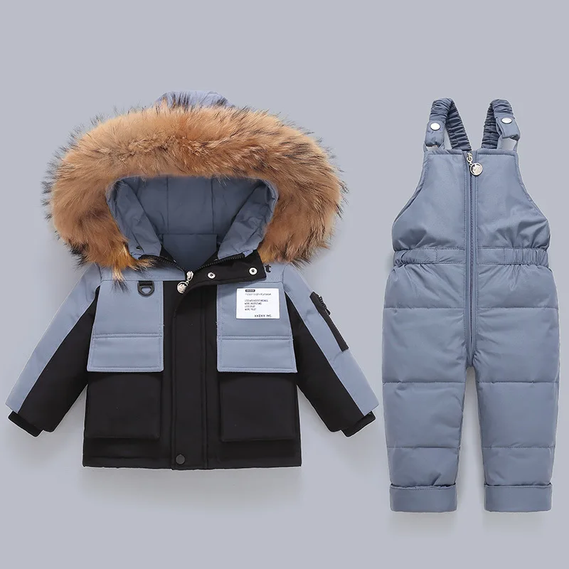 IYEAL 2024 Winter Down Jacket Jumpsuit Baby Boy Parka Real Fur Girl Snowsuits Children Clothing Set Toddler Thick Warm Overalls