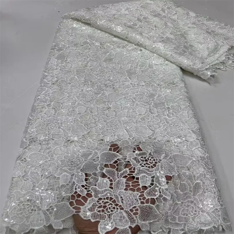 

White Latest African Bicolor Guipure Cord Lace Fabric with Sequin 2024 High Quality Guipure Cord Lace For Sewing Women Wedding