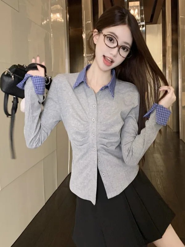

Korean Style Grey Plaid Splice Long Sleeve Slim Fit Women's Shirt Fashionable Top Autumn New Style Fashionable Slimming Shirt