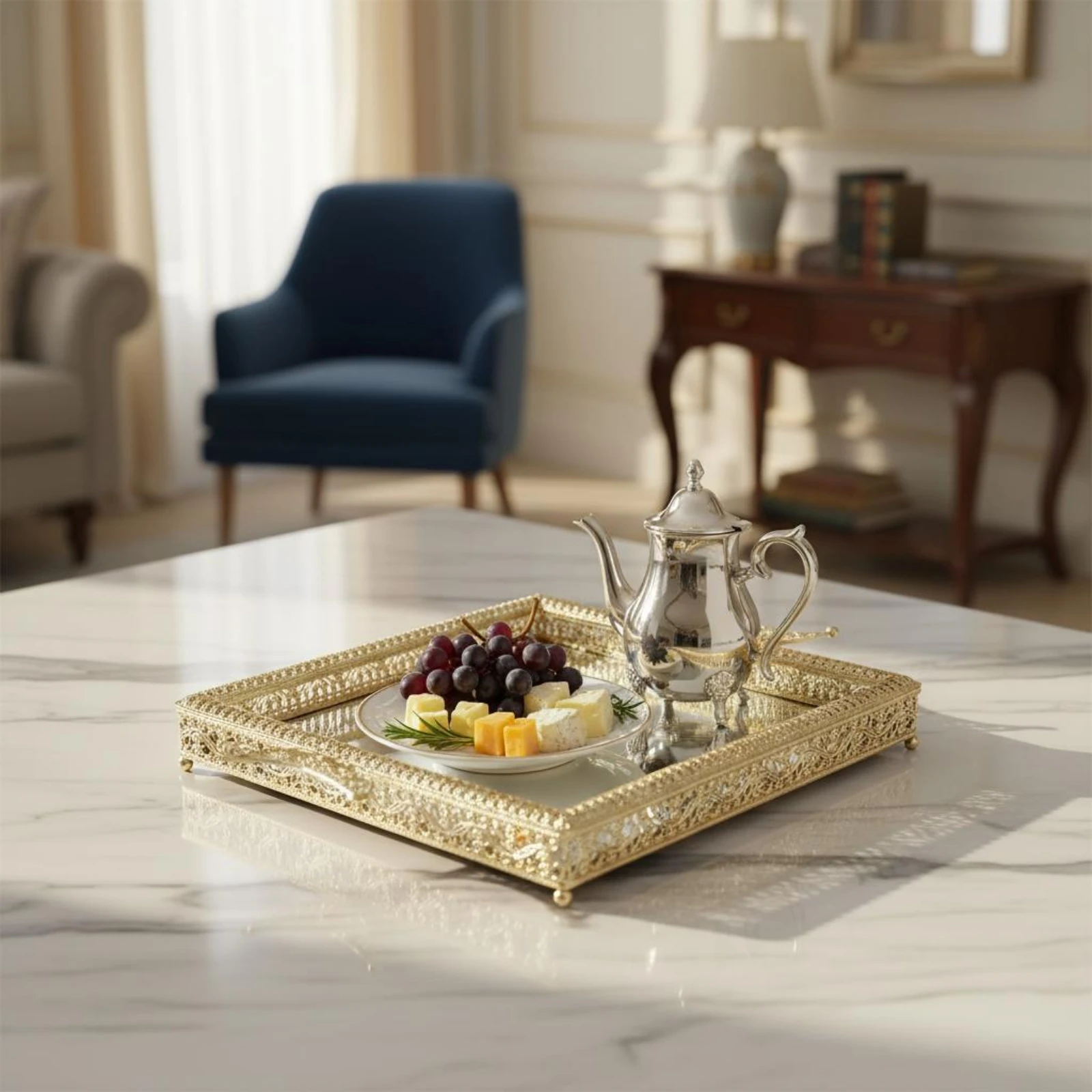 

Ornate Tray Elegant Decorative Mirror Serving Tray Ornate Fruit Platter Luxury Look Home Decor Easy to Clean for Living Room