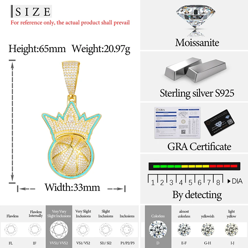 TUHE Unisex S925 Basketball Pendant Necklace Iced Out Moissanite Gold Silver Color Glue Pendant For Men Hip Hop Fine Jewelry