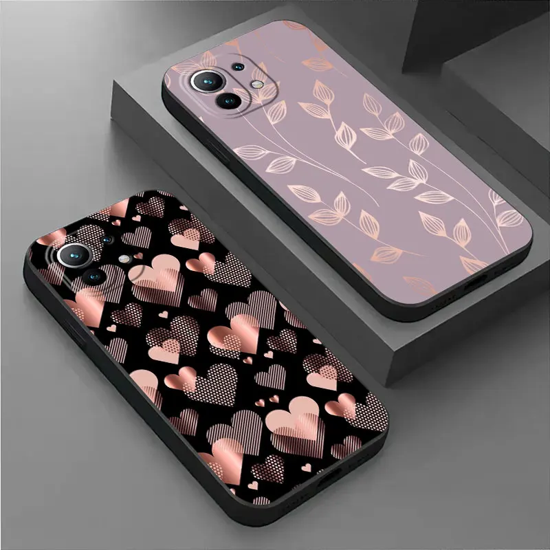 Gold Pink Rose Leaf Glitter Hearts Phone Case For Xiaomi 14T 13T 12T 11T 14 Pro 11 Lite Poco X3 X4 X5 X6 M5 F5 F6 Pro Soft Cover