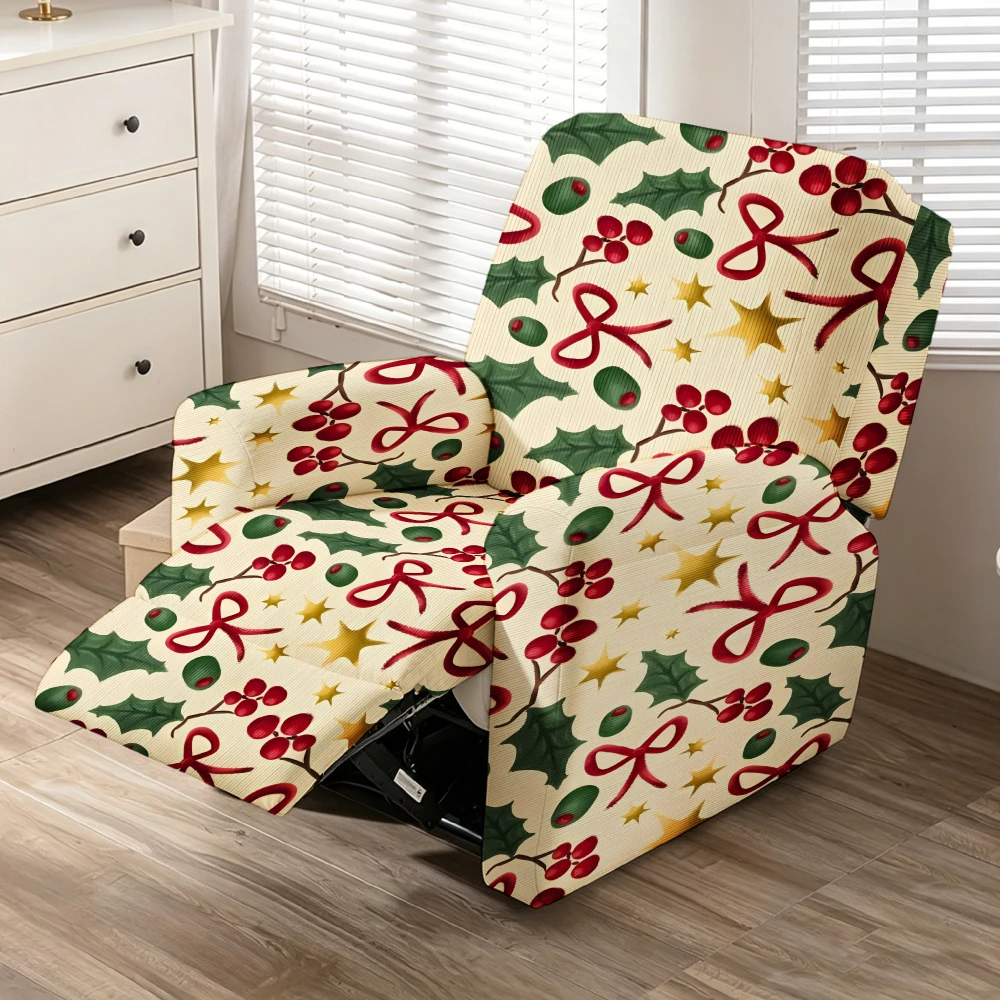 Cream Holly Red Bow Star Recliner Chair Cover Stretch Spandex Recliner Slipcover Christmas Living Room Decor