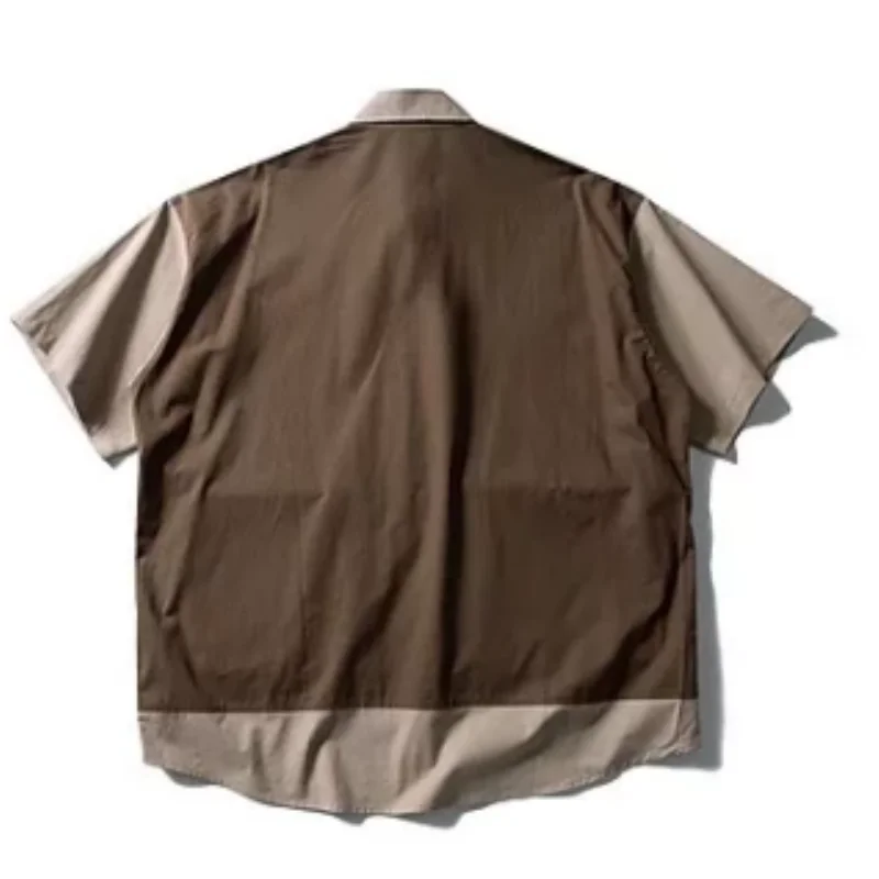2026 New Vintage Fake Two Piece Spliced Short Sleeve Shirt For Men Loose Casual Workwear Top Fashion Outdoor Button Down Blouse