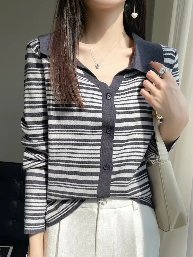 Surprise upper body, delicate lapel striped knit cardigan, women's thin summer worsted breathable fashion jacket