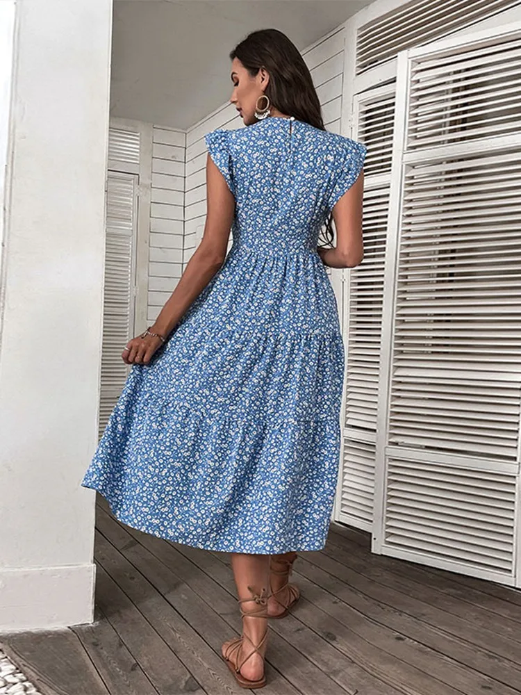 Msfilia Summer Retro Women\'s O Neck Sleeveless Midi High Waist Blue Floral A Line Chic Long Dress For Fashion