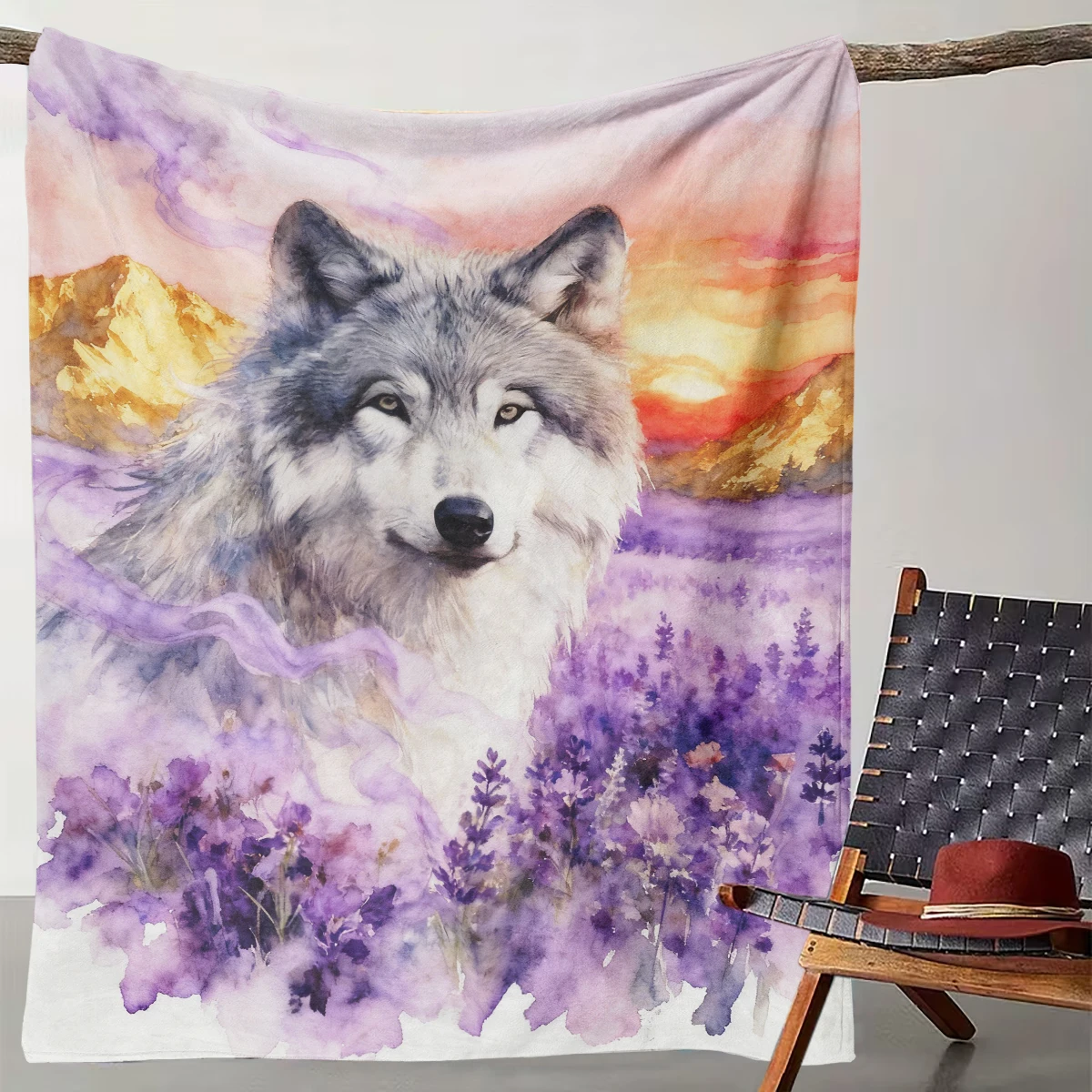 

1 Watercolor Lavender Field Wolf Blanket Sunset Flower Sea Mysterious Animal Flannel Throw
