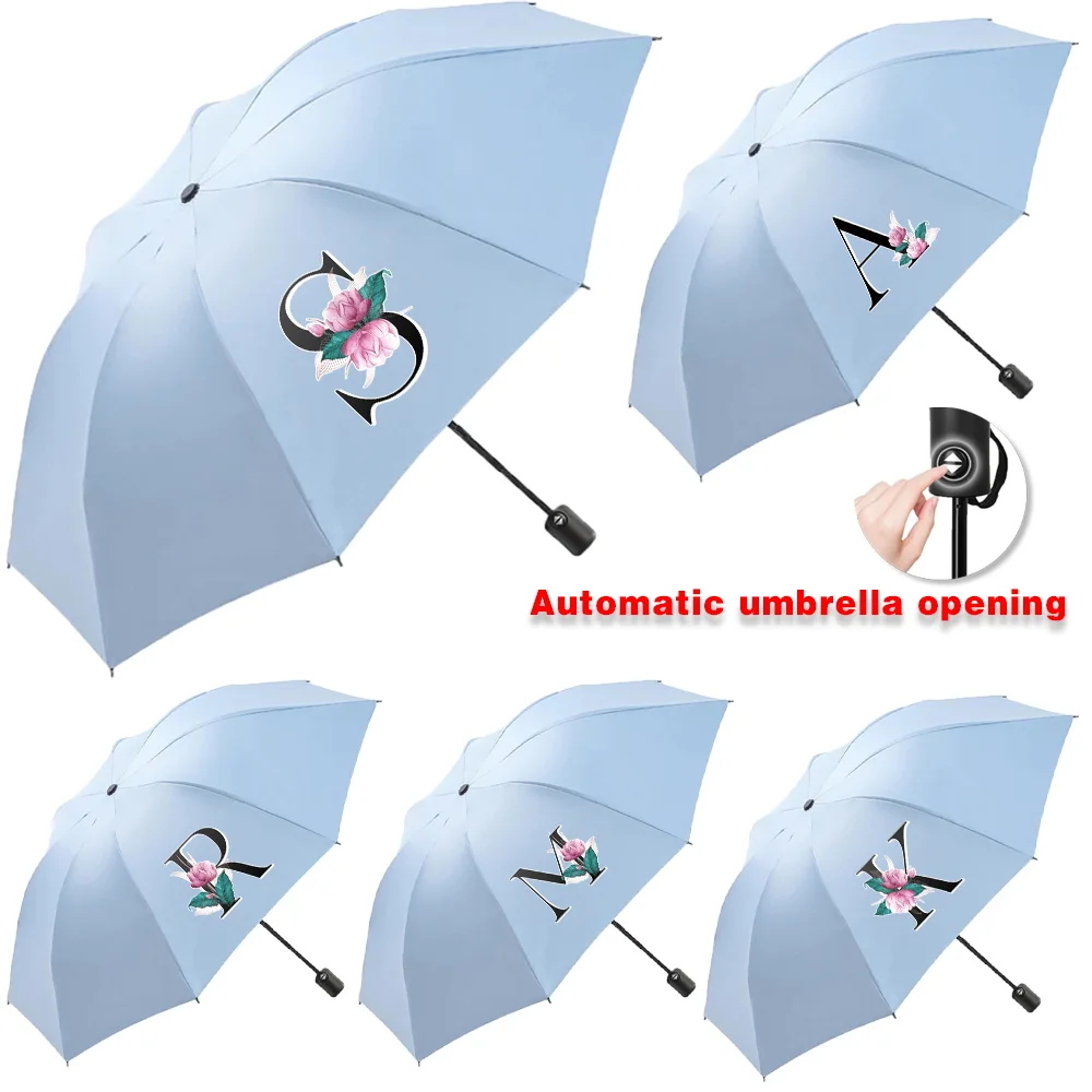 

Automatic Umbrella Portable Sunshade Sunscreen Blue Handle Foldable Use Rain Umbrellas Travel Sun Rain Dual Whitemarble Printing