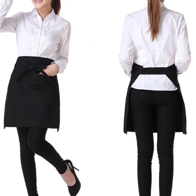 1PC Universal Unisex Half Bust Bib Apron Restaurant Kitchen Coffee Tea Shop Waitress Uniforms Waist Short Apron With Pockets