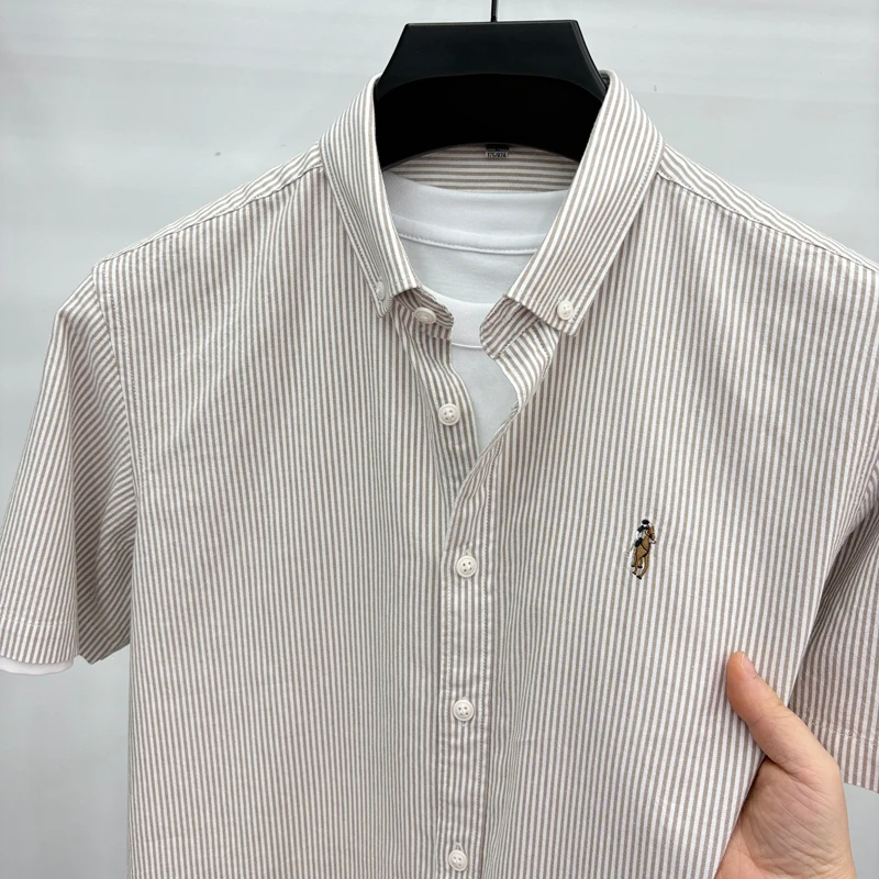 100% cotton high-end short sleeve shirt summer classic striped Paul embroidery top business casual golf fashion men's clothing