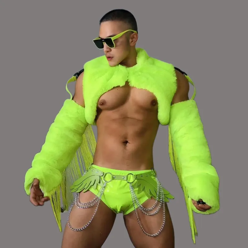 

Nightclub Bar Muscular Male Gogo Performance Clothes Sexy Faux Fur Vest Fluorescent Green Shorts Pole Club Party Dance Costume