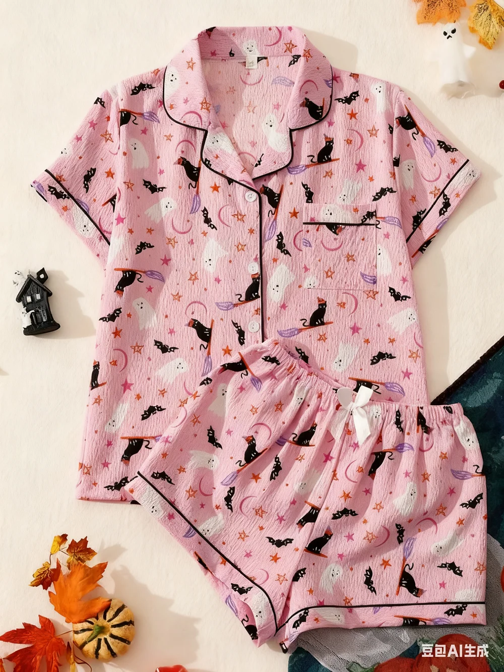 New Women Halloween Pajama Set Two-Piece Nightwear Ghost Pumpkin Print Short Sleeve Sleepwear Soft Pajamas Lounge Set Party