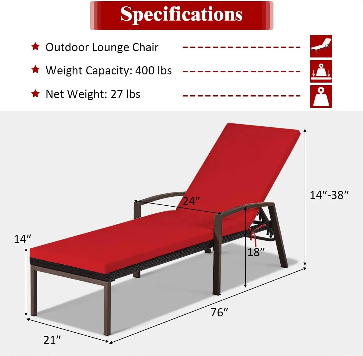 Tangkula 2 Stuks Patio Rotan Chaise Lounge Stoel, Buiten Liggende Chaise Met Kussen En Armleuning, Rieten Ligstoel Met Adju