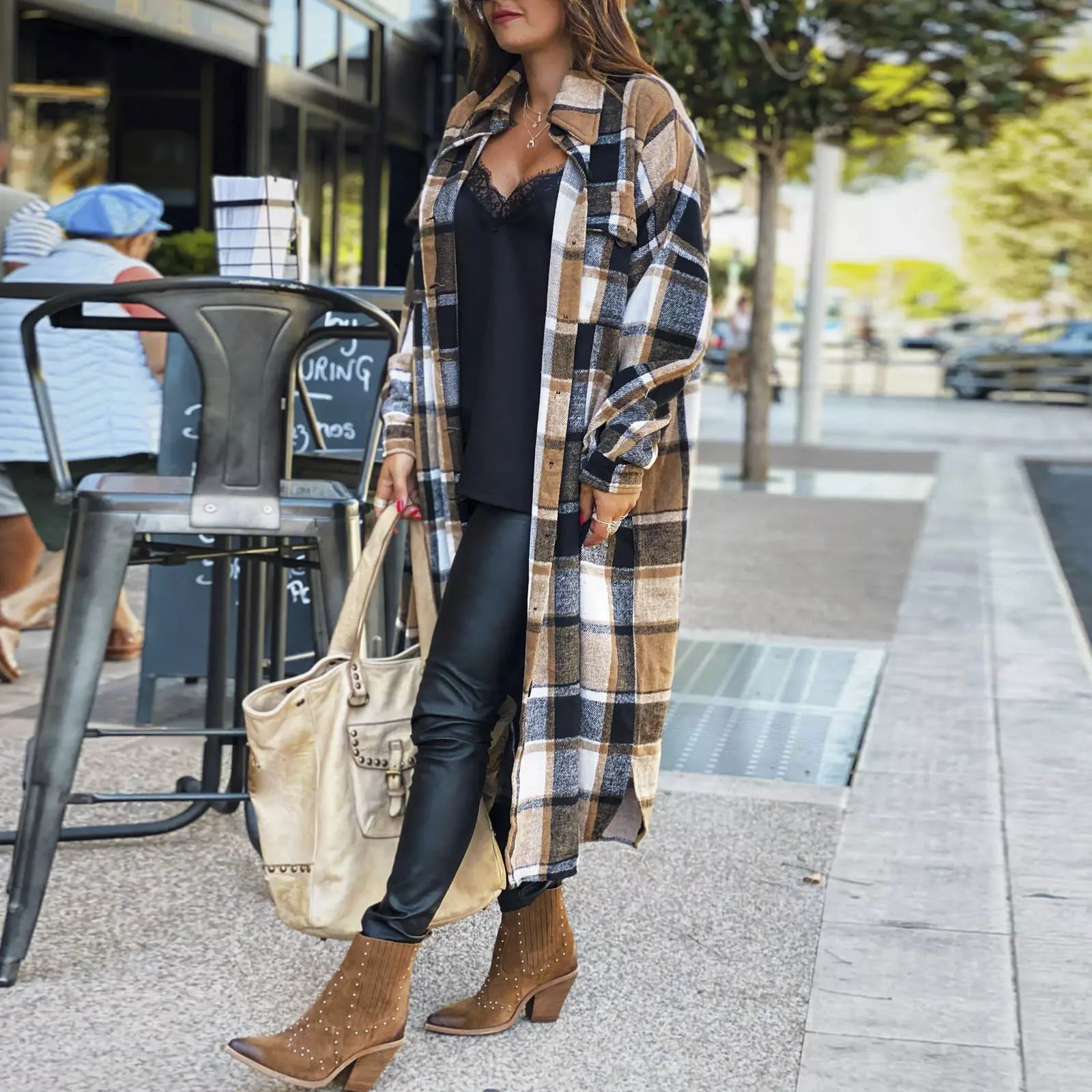 Plus Size Autumn Winter Ladies Plaid Coat Medium Length Side Opening Bag Style Fashionable Flip Collar Coat Street Trend Jacket