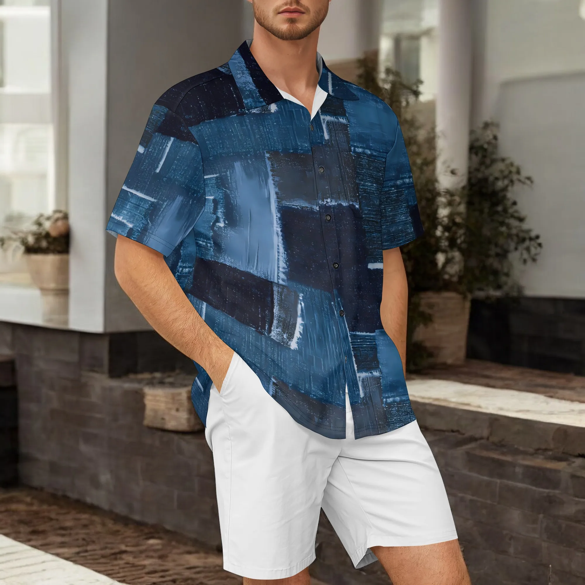 YEAE Blue Green Gradient Geometric Print Shirt for Men Summer Casual Short Sleeve Top