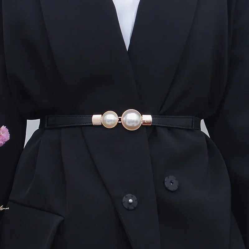 Elegant Vintage Pearl Waist Chain Belts Women's Korean Style Sweater Jacket Hooks Elastic Slim Fit Leather Belt