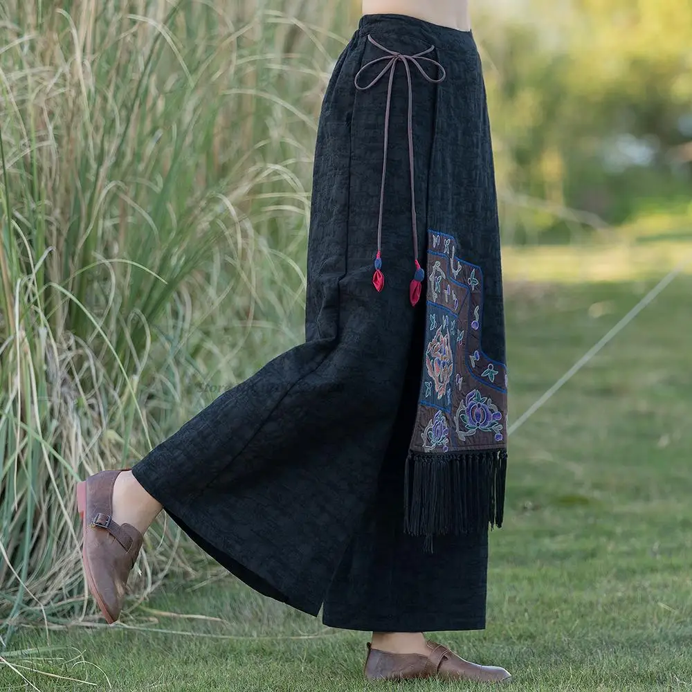 2024 cotton linen tassel flower embroidery ethnic harajuku women pants skirts chinese style vintage loose wide leg baggy pants