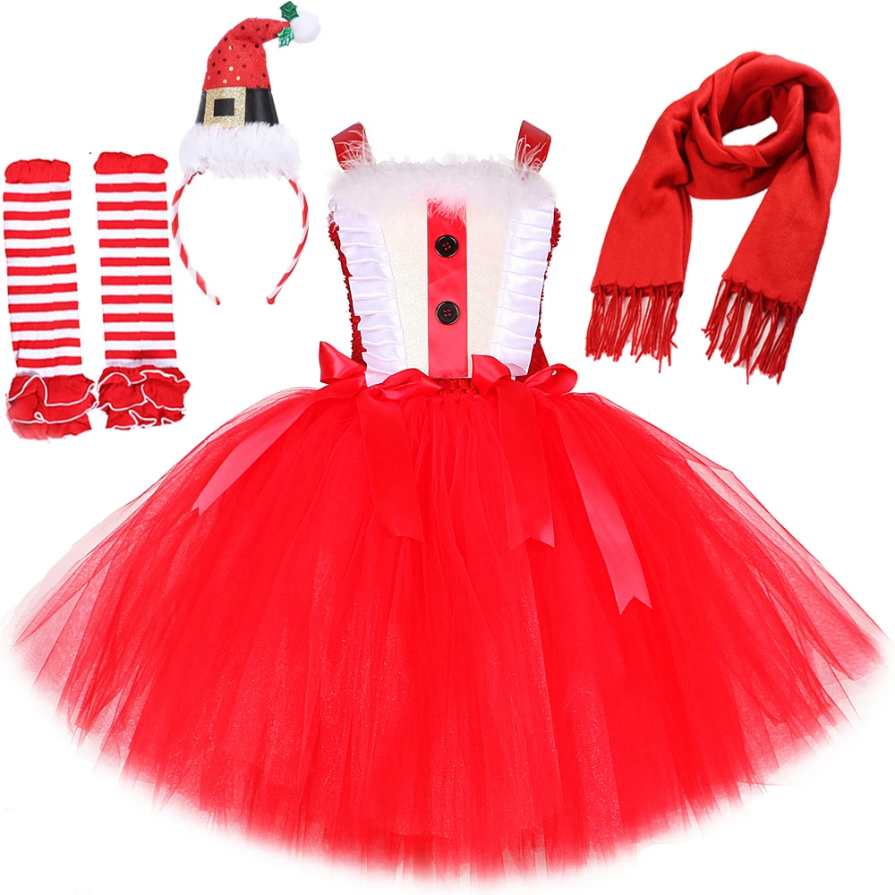 Red Santa Claus Costumes for Girls Father Christmas Tutu Dress Kids Xmas Carnival Party Cosplay Outfit Children New Year Clothes