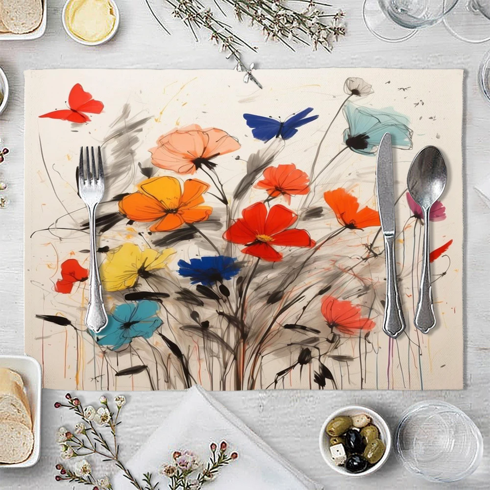 Modern Wild Flowers Leaves Botanical Nature Placemat Linen Fabric Table Mats Family Dinner Tableware Kitchen Table Mat 30X40cm