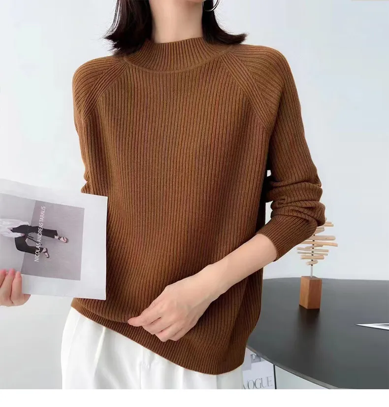 Thick cashmere knitted bottoming shirt in autumn and winter Women's semi-turtleneck sweater loose and simple Joker top