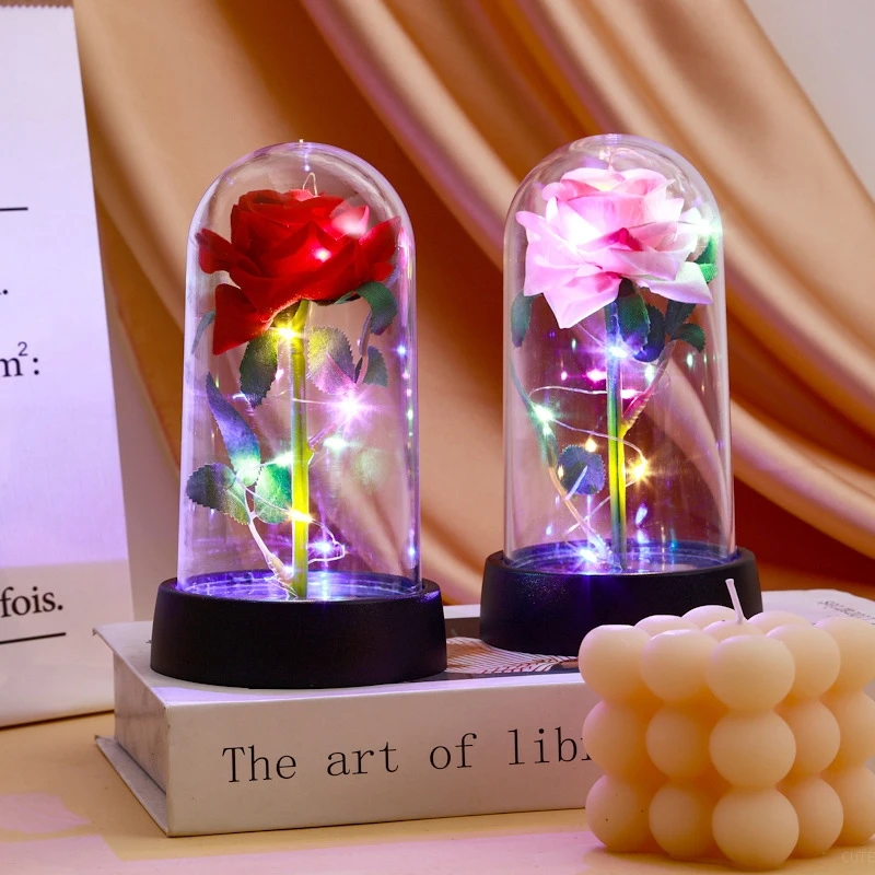 Flor eterna, regalos de rosas de galaxia, flores artificiales en cúpula transparente, regalo del Día de San Valentín, adorno de escritorio de rosas de aluminio coloridas