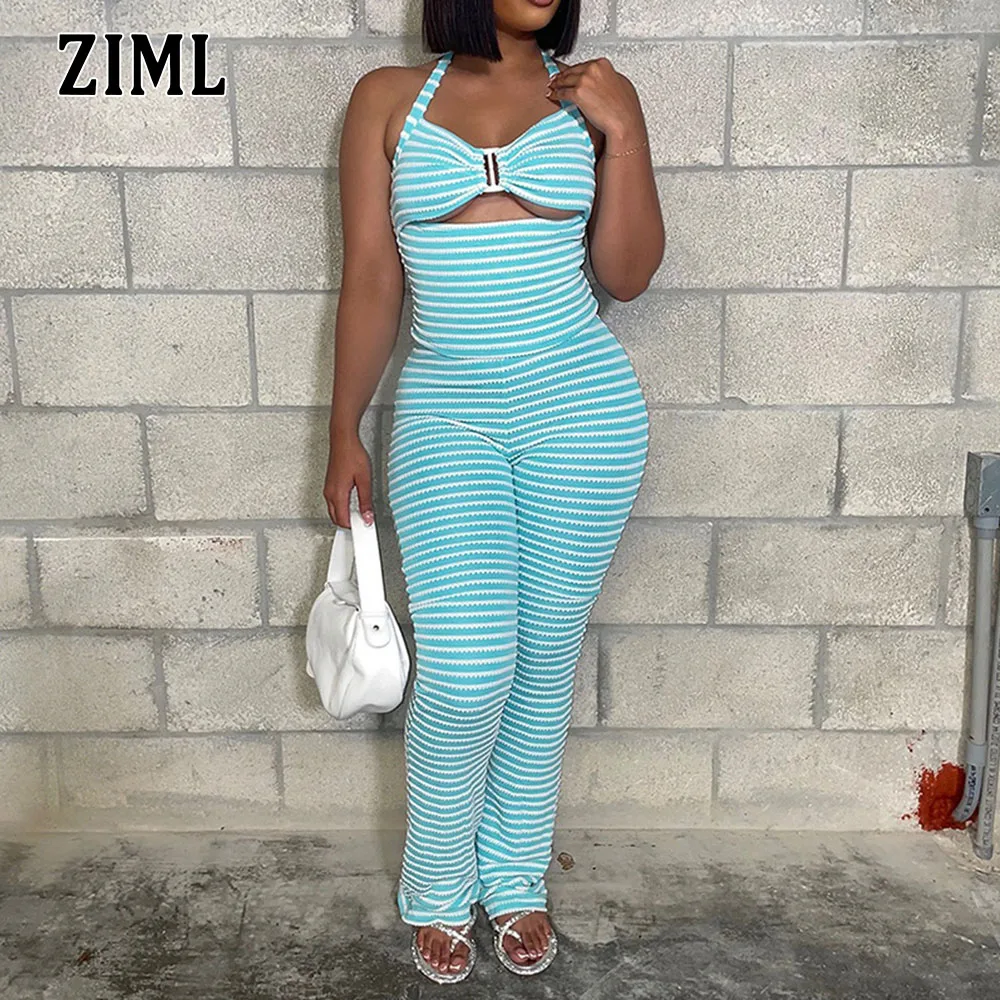 

ZIML Hit Color Утягивающие комплекты из двух предметов для женщин Короткие топы без рукавов с лямкой на шее Длинные брюки с высокой талией Шикарный комплект в полоску Женский новый