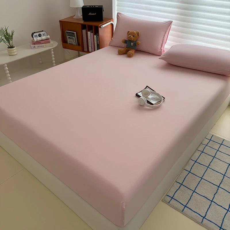 Solid  Colour Washed Fitted Sheet with Elastic Bands Non Slip Adjustable Mattress Cover for Single Double King Queen Bed