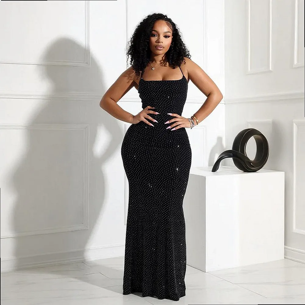 Sexy Halter Dress with Rhinestone Mesh Bodycon Long Dress Dresses Spring Summer
