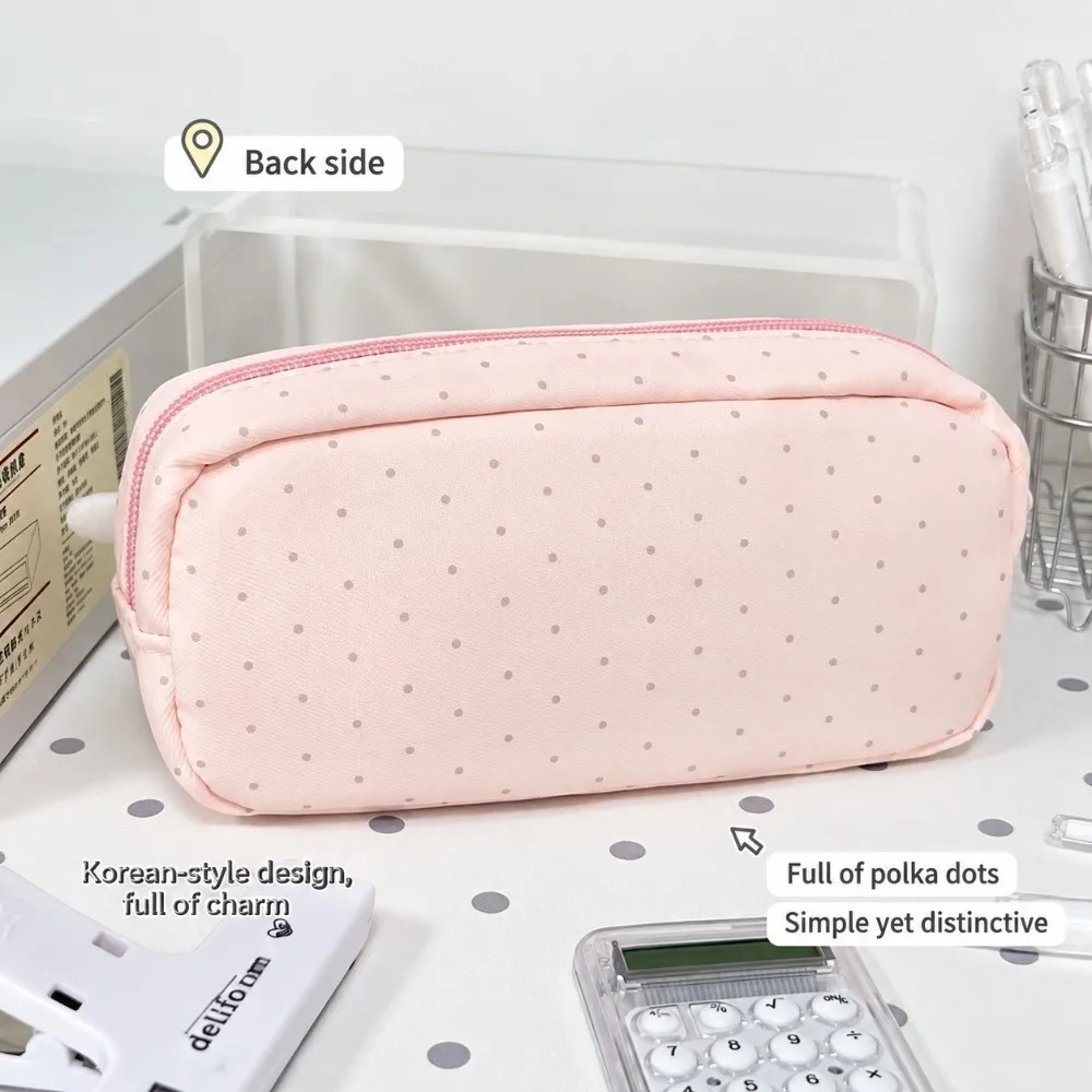 Aesthetic Polka Dot Print Pencil Pouch Plaid Splicing Large Capacity Pen Bag Multi Compartment Pencil Case Students