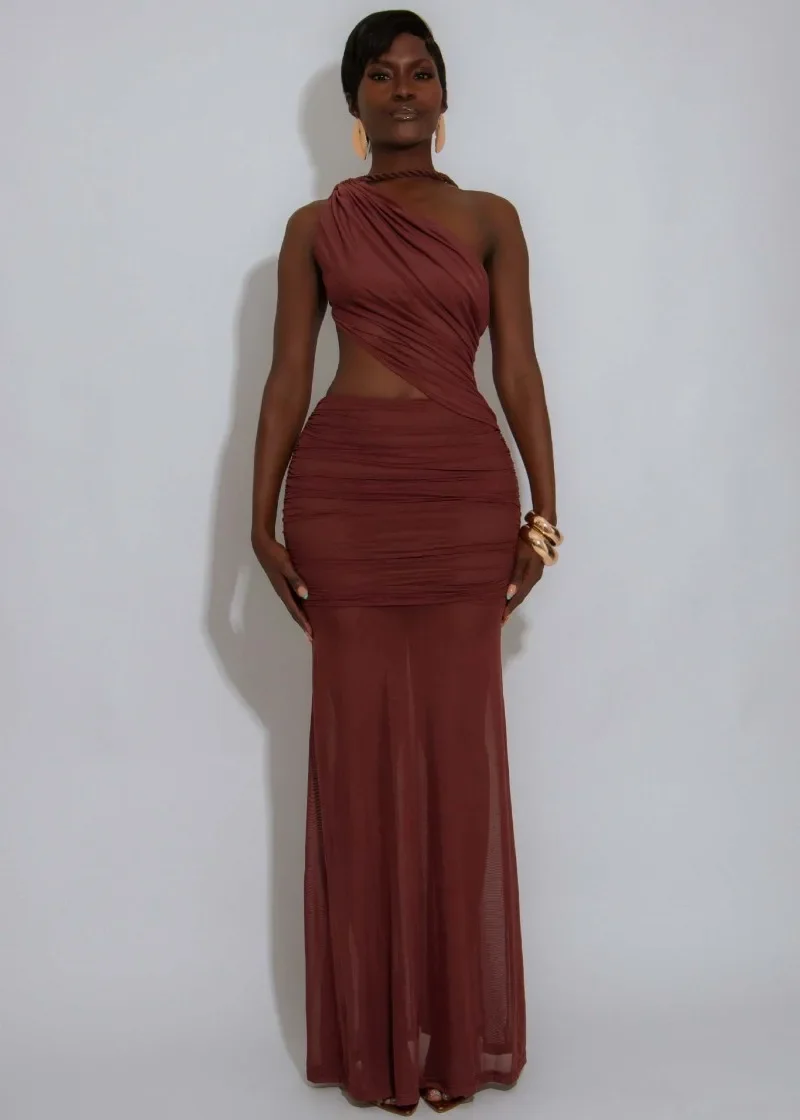 فستان نسائي طويل ماكسي بدون أكمام بكتف واحد شبكي مكشكش من GUWU 2025 ملابس الشارع الشهير فساتين حفلات أعياد الميلاد المسائية