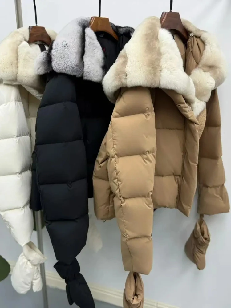 OFTBUY Pelz Jacke Warme Natürliche Kaninchen Fell Dicke Dame Winter Unten Jacke Neue Herbst Handschuhe Kleidung Kurze Frauen Gans Unten Mantel
