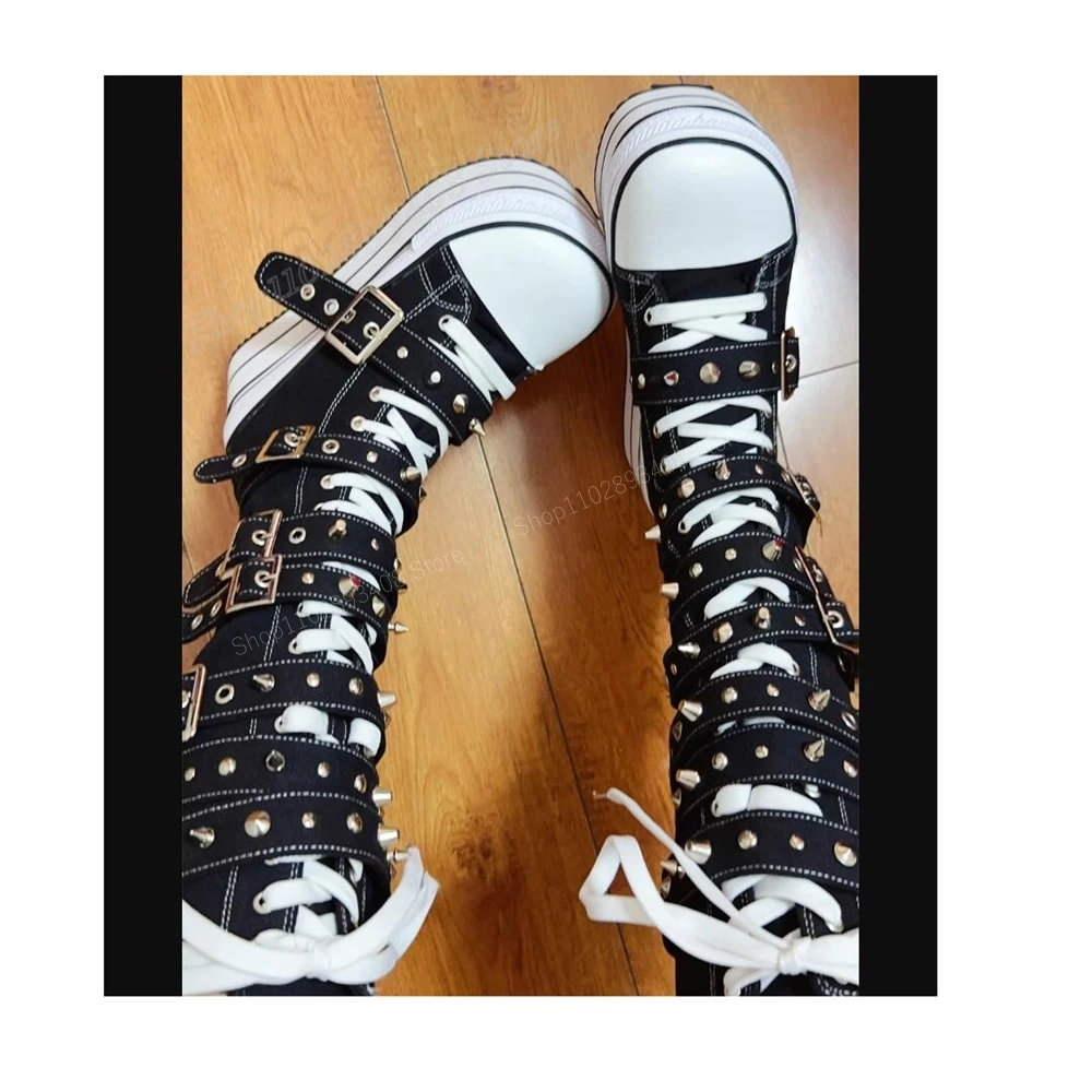 Black Round Rivet Buckle Strap Mid Calf Boots Lace-up Punk Sport Style Thick Soled Platform Women Shoes 2024 Zapatos Para Mujere