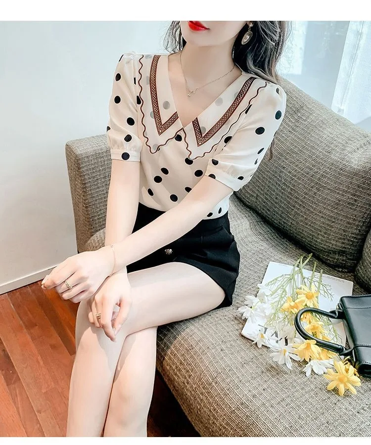 Mulheres Blusa Primavera Verão Coreano Moda Estilo Casual Impressão Dots Camisa Manga Curta Ruffles Collar Blusas Tops Roupas