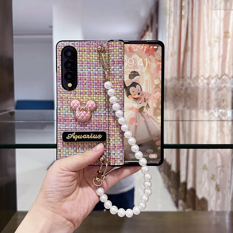 

Case for Samsung Galaxy Z Fold6 5 4 with Holder Cute Cartoon Leather Shockproof Plastic Glass Film 5G Phone Casing Accessories