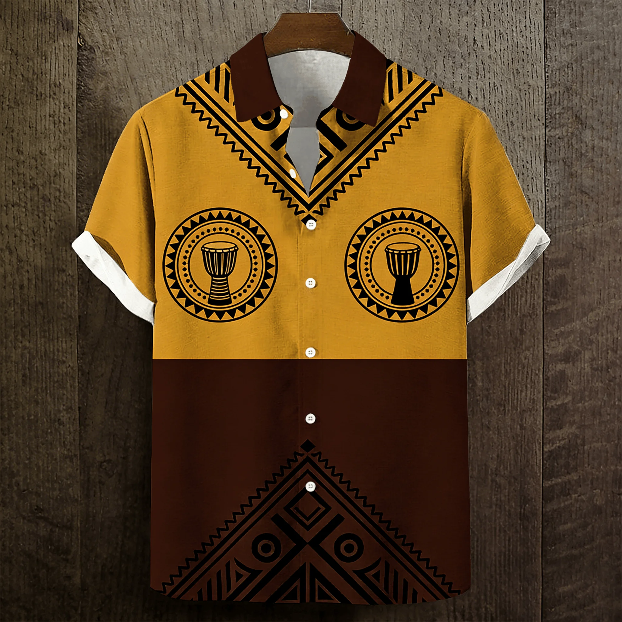 

Men's Tribal Print Short Sleeve Shirt, Split Mustard Brown with Djembe Drum Motif Button Down for Spring Summer