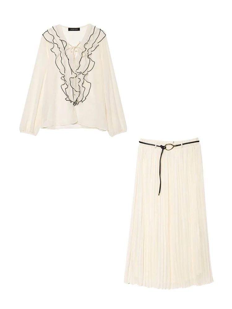 

Koekop Женская мода Комплекты из 2 предметов Бежевая плиссированная блузка-пуловер и винтажная юбка с высокой талией и поясом Женские шикарные юбки Комплект